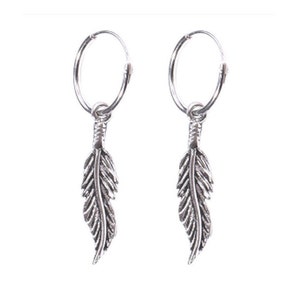 925 Sterling Silver Hoop and Charm Earrings with drop feather charm. 8mm or 10mm hoop