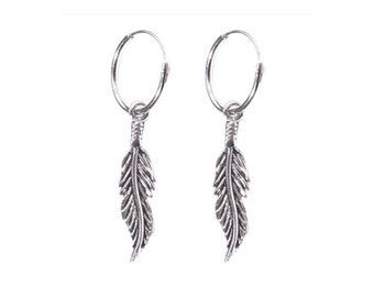 Sterling Silver Hoop Earrings with Feather Charm (8mm/10mm)