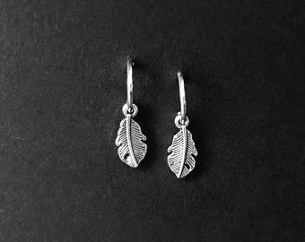 925 Sterling Silver Hoop Earrings with Feather Charm Pair of 8mm or 10mm