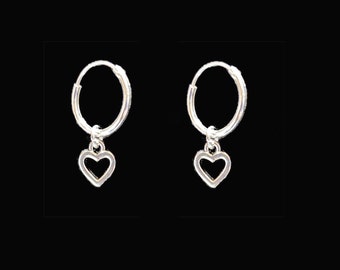 Sterling Silver Hoop Earrings - Open Heart Charm, 8mm/10mm