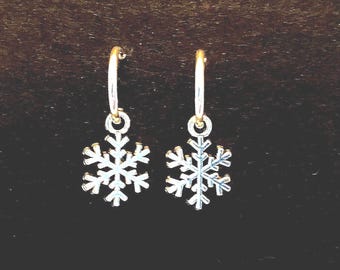 925 Sterling Silver Hoops with Snowflake Charms -  Pair of 8mm or 10mm Hoops