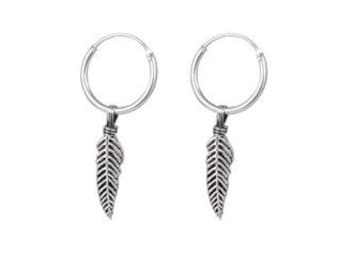 925 Hoops with Small Oxidised 925 Sterling Silver Feather Charms  8mm or 10mm