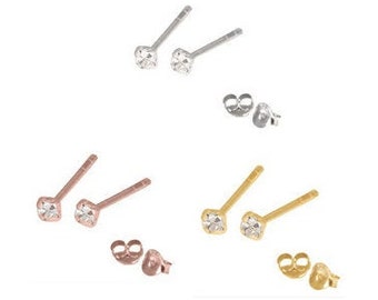 Tiny Cute Sparkly Clear Round CZ Crystal Jewelled Studs  - Rose Gold, Gold or Silver in Sizes 1.5mm 2mm 2.5mm 3 and 4mm