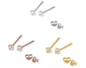 925 Sterling Silver CZ Stud Earrings – Tiny Round Jewel, 1.5-2.5mm (Silver, Rose Gold, Plated Gold)