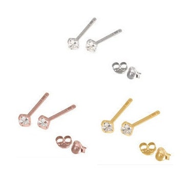 Tiny Cute Sparkly Clear Round CZ Crystal Jewelled Studs  - Rose Gold,…
