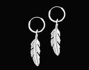 Sterling Silver Feather Drop Hoop Earrings – Small Dangle Hoops