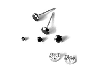 Tiny Black CZ Crystal Stud Earrings – Sterling Silver (2mm 3mm or 4mm)