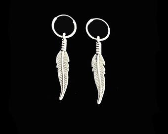 925 Sterling Silver Hoop Earrings with Drop Feather Charm   8mm or 10mm Hoops