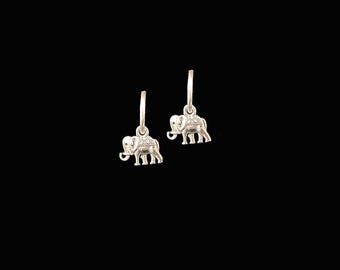 925 Sterling Silver Elephant Hoop Earrings – Tibetan Silver Charm, 8mm/10mm
