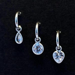 925 Sterling Silver Helix Cartilage Conch Tragus Piercing Hoop / Ring with Dangle Drop Charm - Single or Pairs 6mm or 8mm Hoop