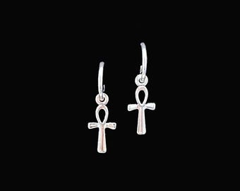 Sterling Silver Ankh Hoop Earrings – Egyptian Key of Life, 8mm-10mm