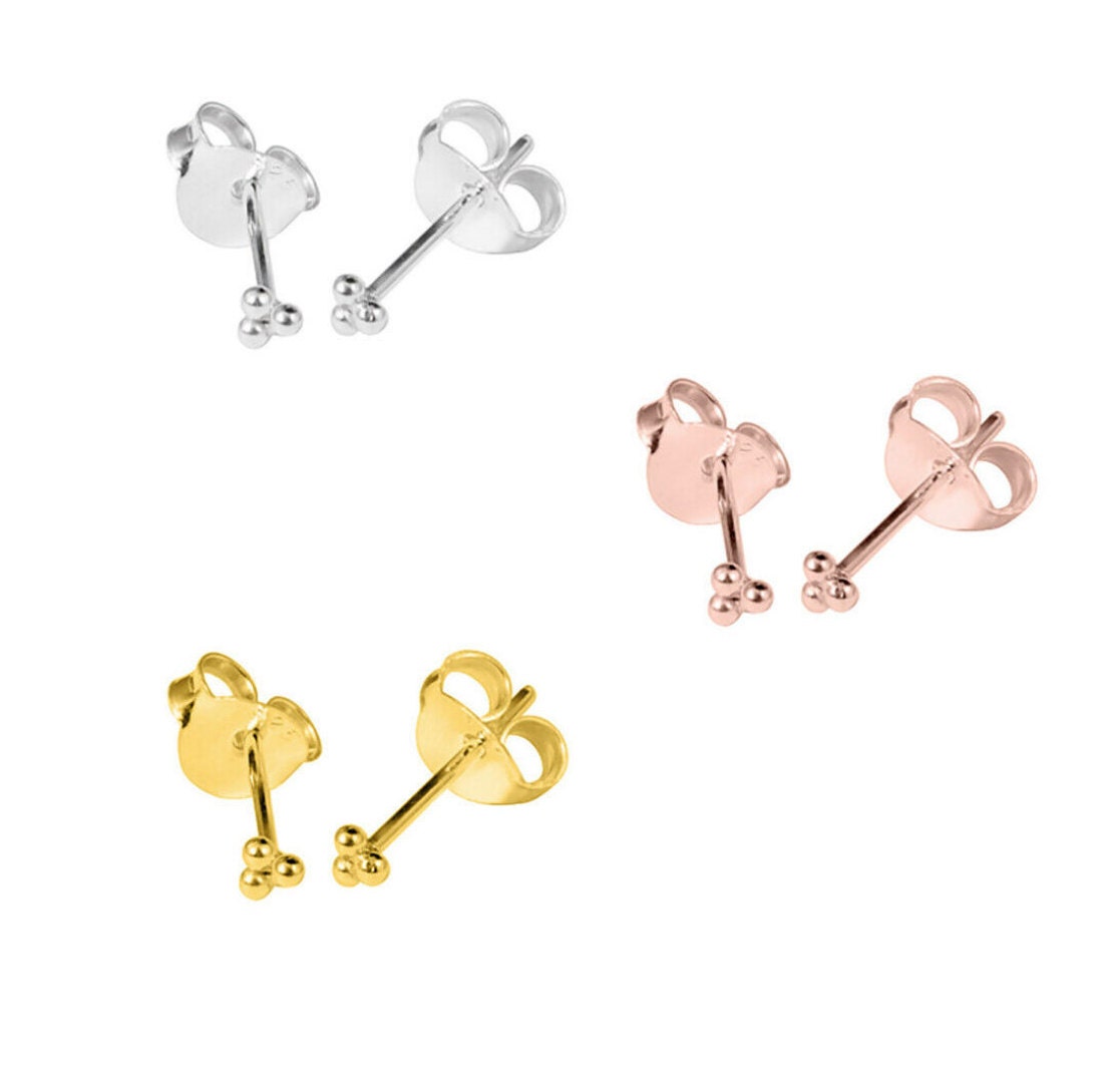 Small Cute Sterling Silver 925 Trinity Tiny Stud Earrings 2mm.  Rose …