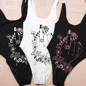 wedding finger bathing suit, bachelorette swimsuit, one piece bathing suit for bride, just married wifey honeymoon vibes swimwear