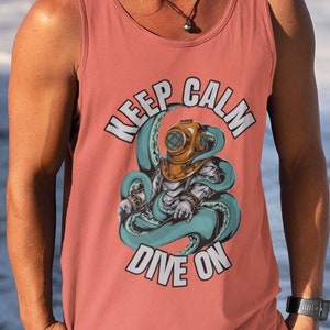 Keep Calm Dive On, Scuba Diver Octopus Men’s Tank Top, Boardwalk Tank, Island Vacation Shirt, Scuba Tank Top, Men&#39;s Diving Gift