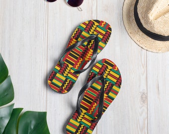 African Kente Print Flip Flop Slippers, Travel Beach Vacation Sand Shoes, African Swimsuit Matching, African Inspired Beach Flip-Flops