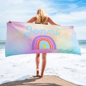 Custom Beach Towel, Rainbow Tie Dyed, Personalized Cotton Candy Colors, Bright Pool Towel, Vacation Beach Towel With Name Outside