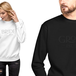 Bride Sweatshirt Crewneck Embroidered with Custom Add-On Date Option, Embroidered Groom & Bachelorette Party, Matching Honeymoon Sweatshirt