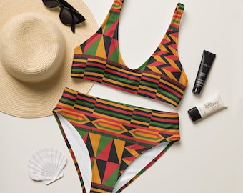 African Kente Patterned Modern Recycled High-Waisted Bikini, Plus Sizes Available!