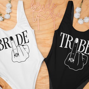 Bride Tribe Bachelorette Party Swimwear, Bride Tribe Wedding Ring Finger Swimwear, one piece bathing suit for bride