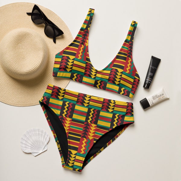 African Print Bikini, Kente Print High-Waisted Two-Piece