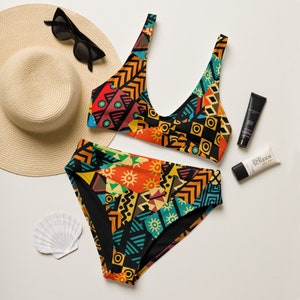 African Print Safari Kente Bikini | Recycled Bikini | High-Wasted Island Two-Piece | African Kente Print Suit | Girl Trip Vacation Two-Piece