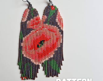 May include: A pair of beaded earrings with a floral design. The earrings are made with red, pink, green, and black beads. The earrings are long and dangle.