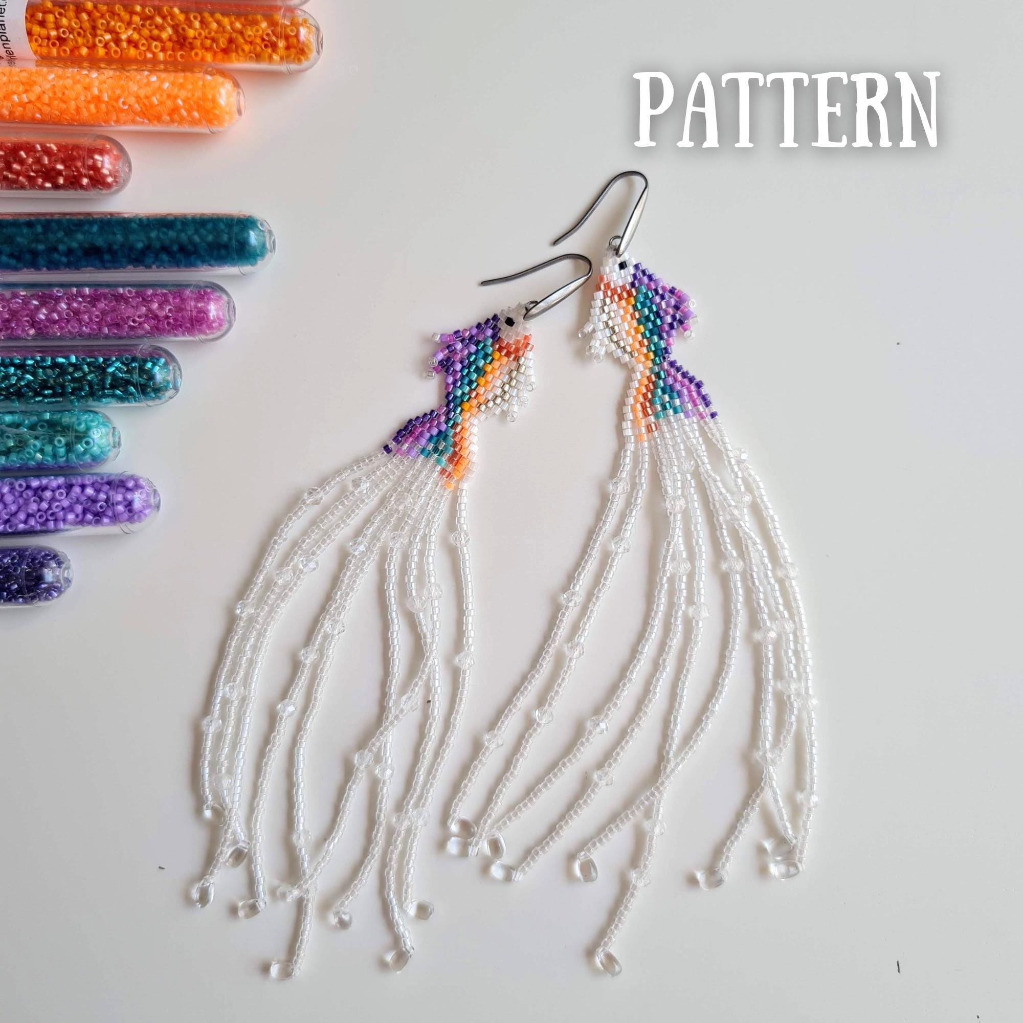 Flowtail Fish – Beaded Fringe Earrings Pattern, DIY fringe earrings • Shoulder duster brick stitch pattern • Miyuki Delica beadwork pattern