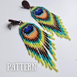 May include: A pair of long fringe earrings featuring a peacock feather motif crafted from small glass beads in shades of bright blue, lime green, copper, and tan, attached to dark brown circular wooden studs with metal earring posts.