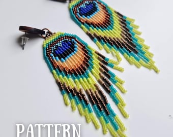 Peacock Feather Fringe Earrings Pattern, Miyuki Delica Beading Pattern PDF