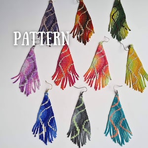 May include: A collection of beaded earrings in various colors, including purple, red, blue, and green. Each earring has a triangular shape with a fringe at the bottom. The word "PATTERN" is displayed in white text.