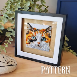 Puede incluir: Obra de arte enmarcada que presenta un retrato detallado con cuentas de la cara de un gato con pelaje naranja, blanco y gris y llamativos ojos azules. La obra está sobre un fondo beige dentro de un marco blanco y negro. La palabra "PATTERN" es visible.
