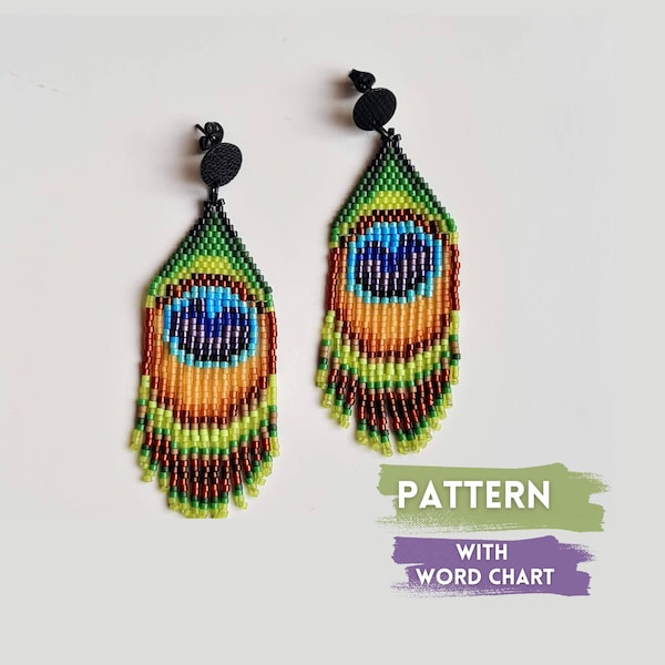 Peacock Feather Beaded Fringe Earrings Pattern with Word Chart, Peacock Earrings Pattern, Miyuki Pattern, Delica Bead Pattern