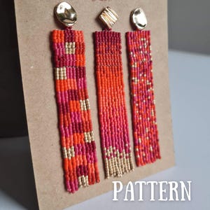 Conjunto de patrones para pendientes con flecos: con diagrama de palabras y diseños combinables en rojo, rosa, naranja y dorado para cuentas Miyuki Delica
