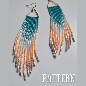 May include: A pair of beaded earrings with a gradient design. The earrings feature a teal to orange colour scheme with silver accents. The earrings have a triangular gold-coloured top and a long fringe.