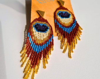 Peacock Feather Fringe Earrings, Peacock Earrings with metallic beads, Miyuki Beaded Earrings, Delica Beaded Earrings, Stud Fringe Earrings