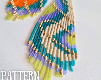 May include: Close-up of two beaded earrings with a geometric pattern. The earrings feature a mix of colors, including orange, teal, purple, cream, and yellow. The word "PATTERN" is visible in the lower left corner.