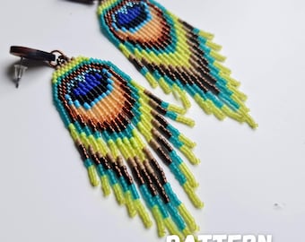 Peacock Feather Fringe Earrings Pattern with Word Chart, Peacock Earrings Pattern, Miyuki Pattern, Delica Bead Pattern