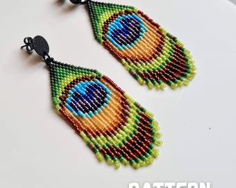 Peacock Feather Beaded Fringe Earrings Pattern with Word Chart, Peacock Earrings Pattern, Miyuki Pattern, Delica Bead Pattern