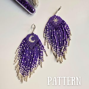 May include: Purple and white beaded earrings with a crescent moon and star design. The earrings are long and have a fringe style. The word "PATTERN" is written in white text at the bottom of the image.