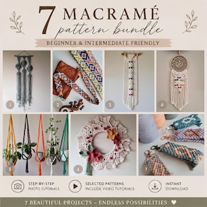 Può includere: Un pacchetto digitale di 7 schemi di macramè che include arazzi, supporti per piante, una ghirlanda e portachiavi. L'immagine mostra foto numerate dei progetti, il testo 7 MACRAMÉ pattern bundle e icone per tutorial fotografici e video.