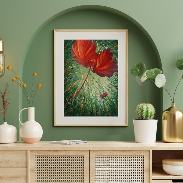 Red Flower Giclee Art Print, Green Botanical Wall Decor, Vibrant Floral Decoration for Home, A2 A3 Sizes