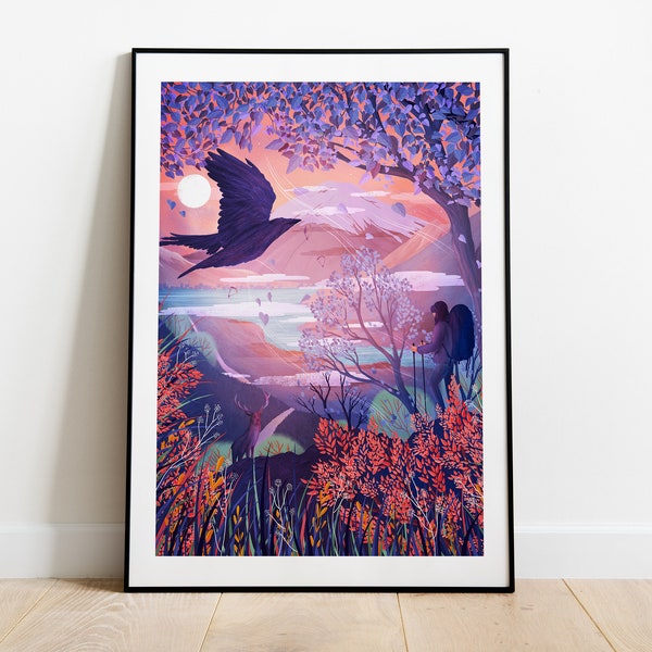 Purple Whimsical Landscape, Scotland in Autumn, Colorful Giclee Artwork, Vibrant illustration poster, Flying Crow, A2 A3