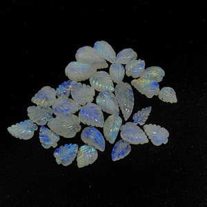 May include: A collection of iridescent white gemstone leaf carvings. The leaves are carved with intricate details and have a shimmering, opalescent quality.