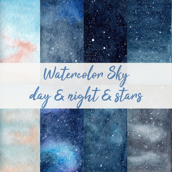 Watercolor sky illustration, sky clipart, watercolor sunrise, sunset, clouds and night starry sky, JPG watercolor clipart, watercolor cosmos