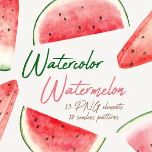 Aquarelle Aquarelle Pastèque Clipart, Clipart Fruit d’été, Aquarelle Pastèque PNG, Téléchargement instantané, Pastèque dessinée à la main, Motifs de pastèque