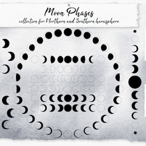 Puede incluir: Una ilustración en blanco y negro de las fases de la luna en un círculo. El texto "Moon Phases" y "collection for Northern and Southern hemisphere" está en la parte superior de la imagen. El texto "vector AI EPS" y "nastr PNG 300dpi" está en el lado derecho de la imagen.