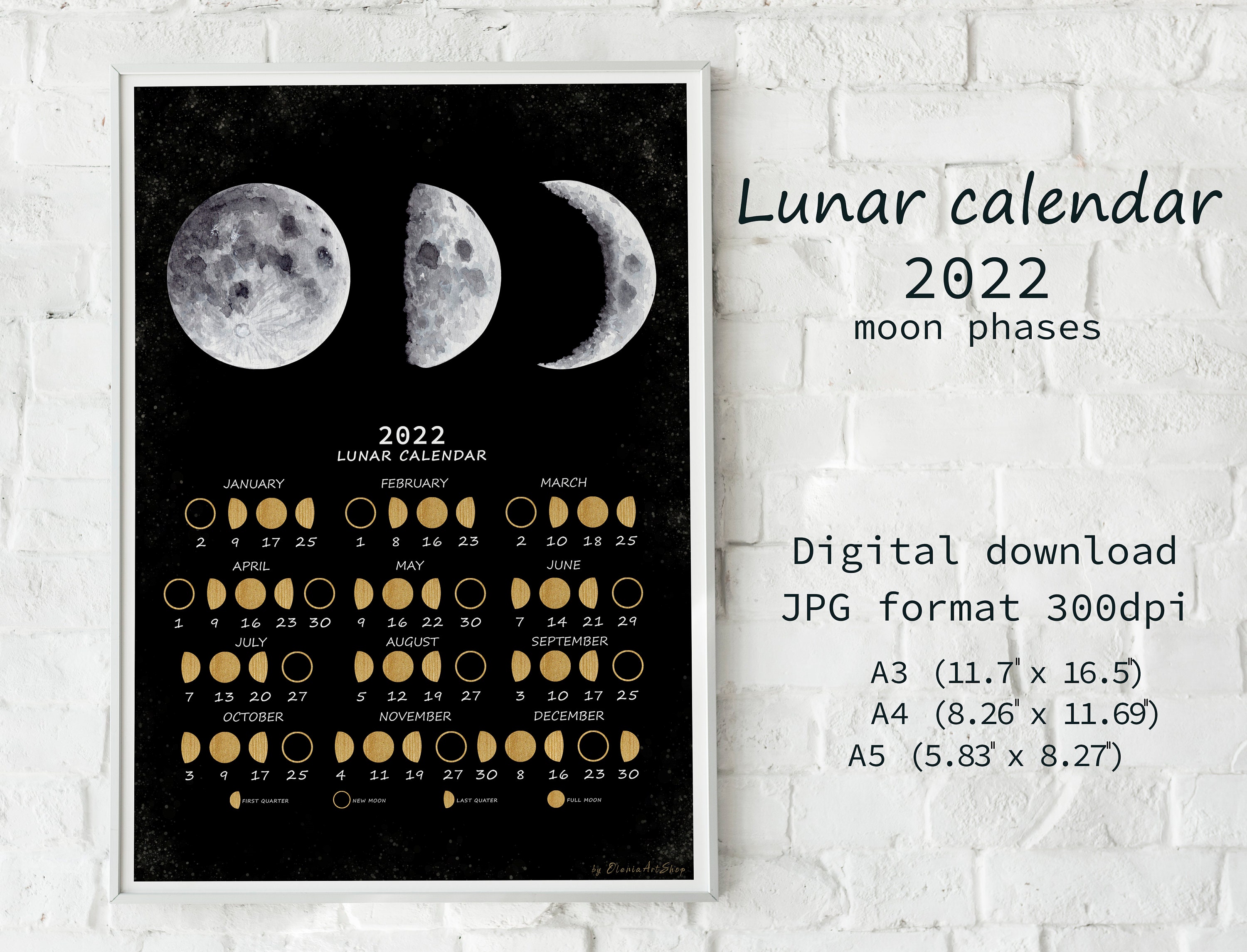 Lunar Calendar 2022 Moon Calendar 2022 Watercolor Moon Art Etsy Uk