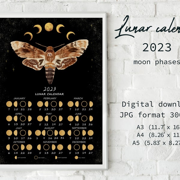 Lunar calendar 2023, Moon calendar 2023, Death's-head moth digital art, Moon phases, Wicca calendar, Northern hemisphere, New moon calendar