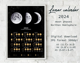Calendario lunar 2024, Calendario lunar 2024, Arte lunar en acuarela, Fases lunares, Calendario Wicca, Hemisferio norte, Descarga instantánea