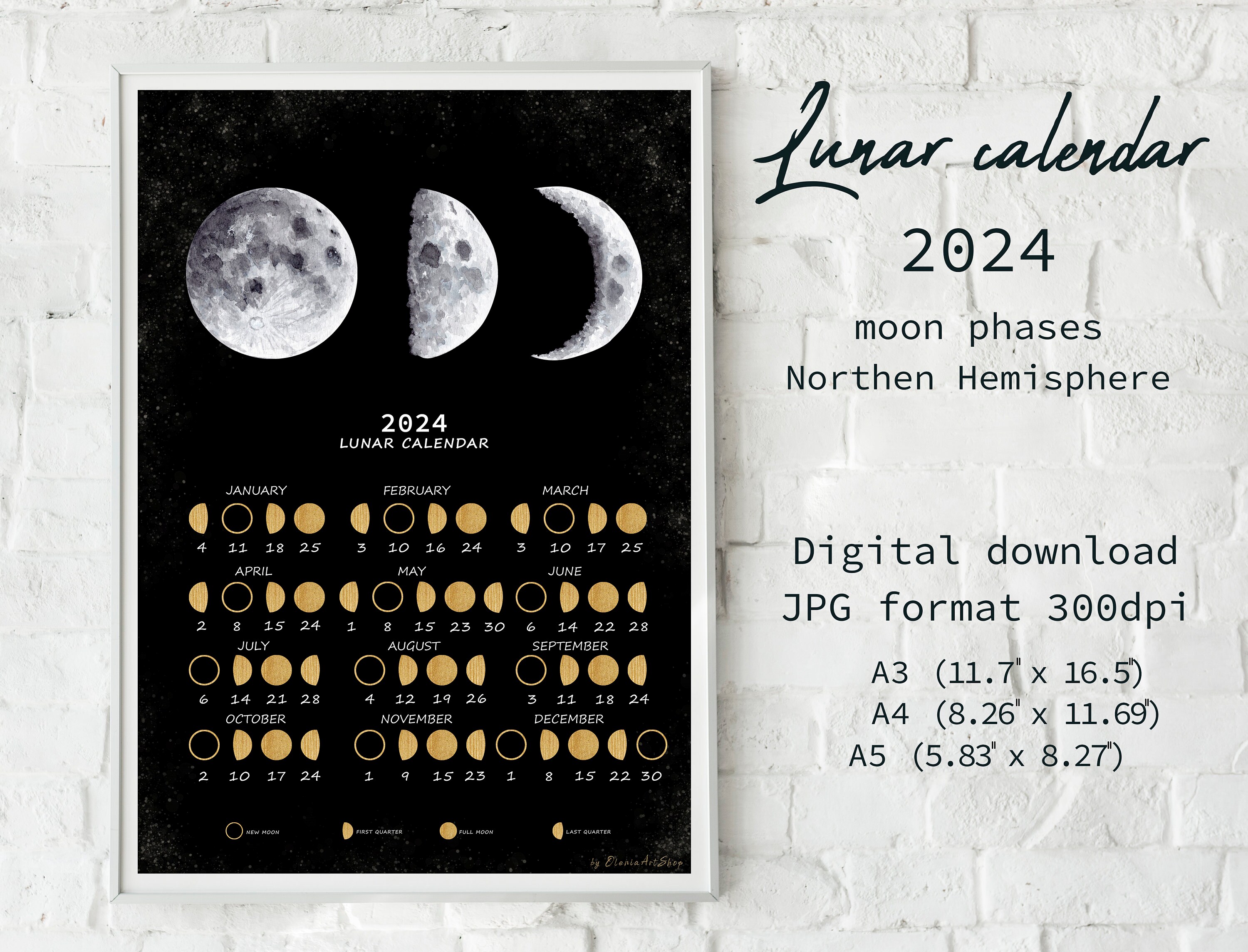 Mondkalender 2024, Mondkalender 2024, Aquarell Mond, Mondphasen, Wicca